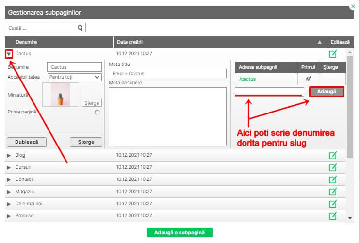 Deschide secțiunea subpaginii corespunzătoare și adaugă un slug nou pentur subpagină Deschide secțiunea subpaginii corespunzătoare și adaugă un slug nou pentur subpagină
