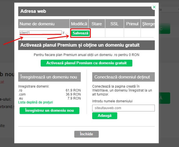 Înscrie textul subdomeniului și fă click pe salvează Înscrie textul subdomeniului și fă click pe salvează