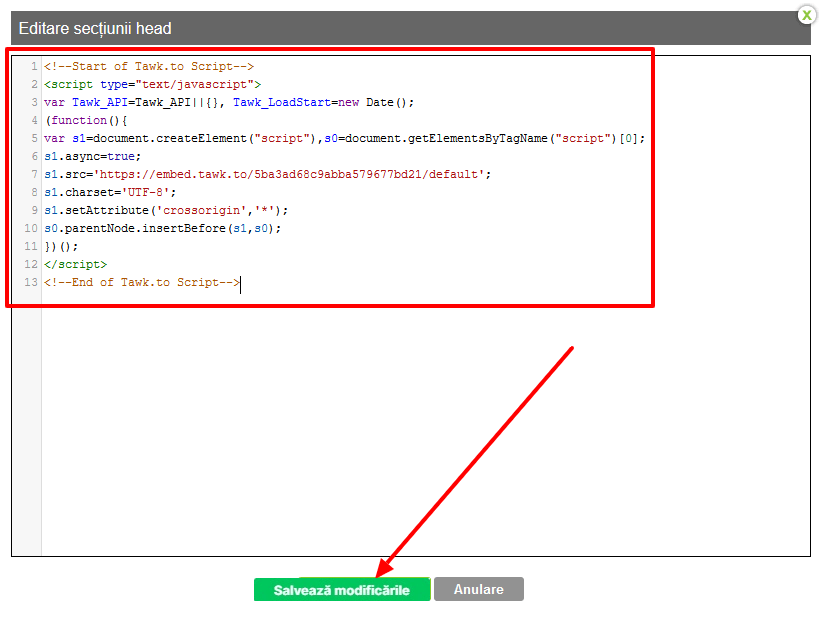 Lipește codul în secțiunea Head Lipește codul în secțiunea Head