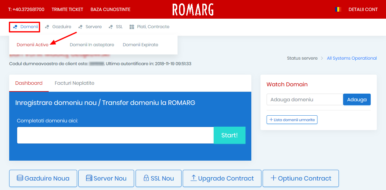 Trecem la ”Domenii”, iar apoi la ”Domenii Active”. Trecem la ”Domenii”, iar apoi la ”Domenii Active”.