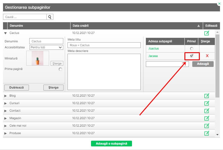 Setează slug-ul inițial pentru subpagină Setează slug-ul inițial pentru subpagină