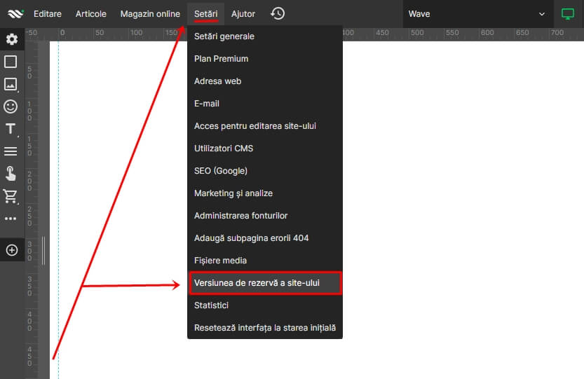 Treci la meniul de sus, alege categoria ”Setări” și apoi categoria ”Versiunea de rezervă a site-ului” Treci la meniul de sus, alege categoria ”Setări” și apoi categoria ”Versiunea de rezervă a site-ului”